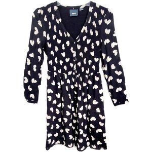 Maeve Womens Black Hearts Smocked Body Long Sleeve Dress V Neck Lined Size‎ S
